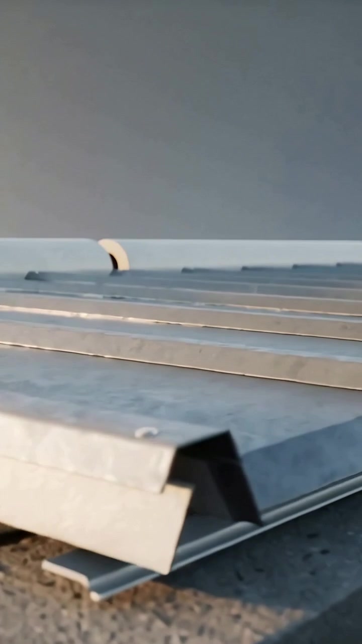 Vertikal video: Kameraet trækkes tilbage og viser stablede stive paneler og rulle på taget til installation.