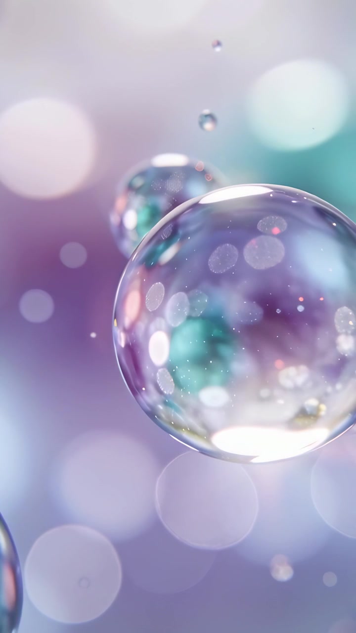 Video verticale: Bolla principale che sale con la brezza in macro, con bokeh di piccole bolle.