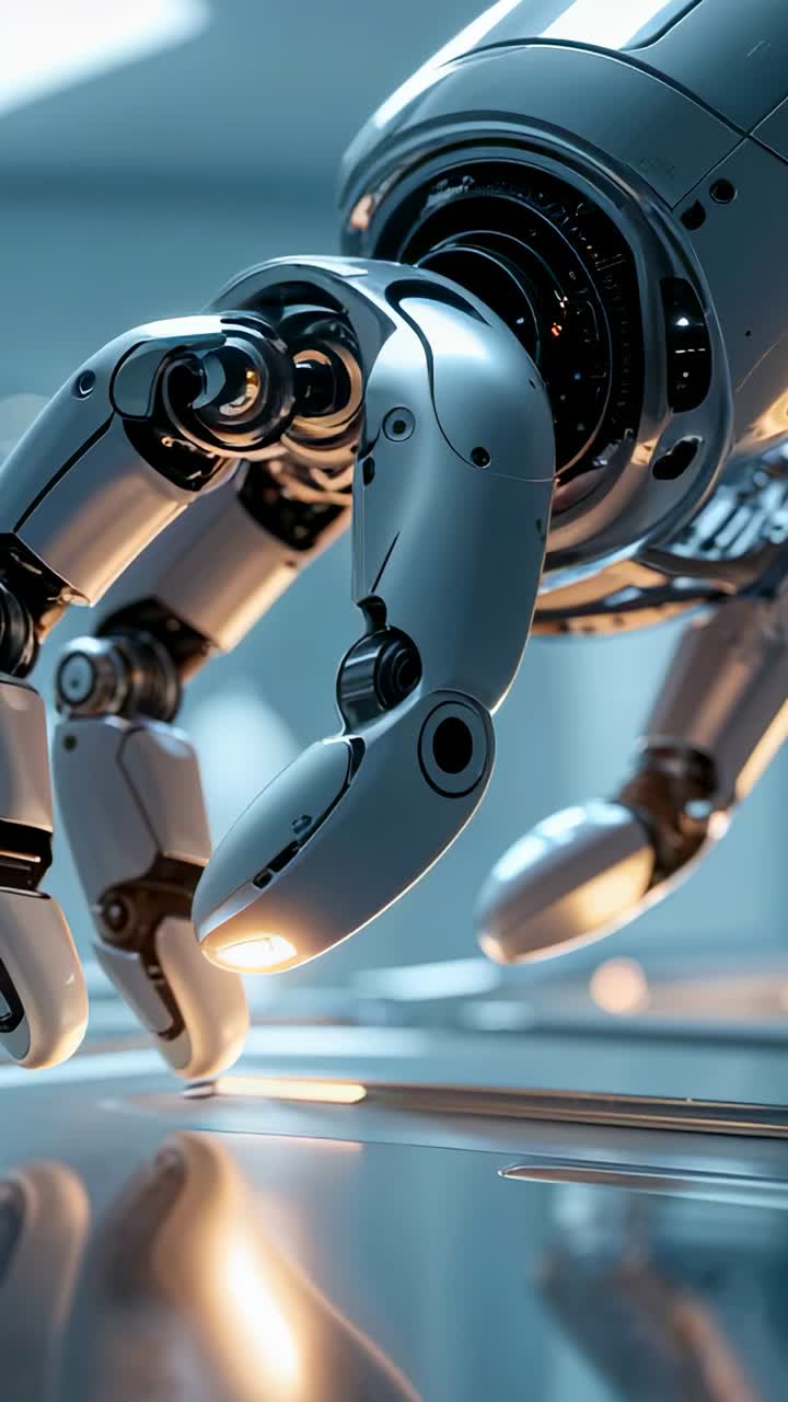 Vertical video: On init robotic gripper descending on metal bench grasping disc and lifting to move