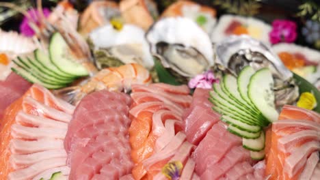 a colorful and detailed showcase of sushi and seafood.