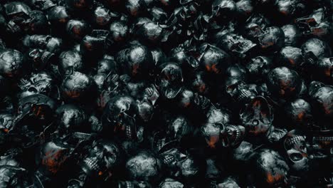 una cámara se extiende sobre una pila interminable de cráneos humanos de textura negra. el concepto de la muerte y el horror. un montón de craneos impresionante película de horror de halloween. bucle 3d sin costuras