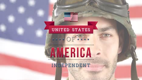 animación de los estados unidos de américa texto independiente sobre la bandera de ee.uu. y caucásico soldado masculino