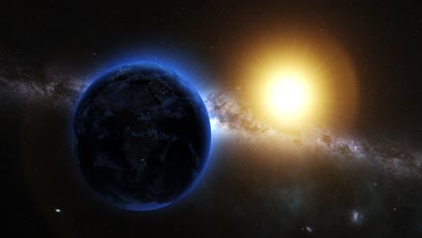 earth and sun in space with milky way