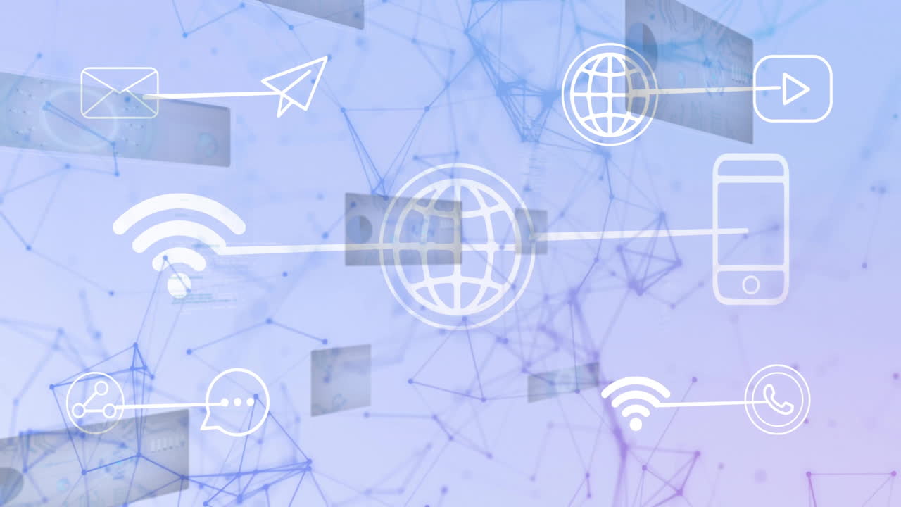Animation of digital communication icons on abstract network connections background