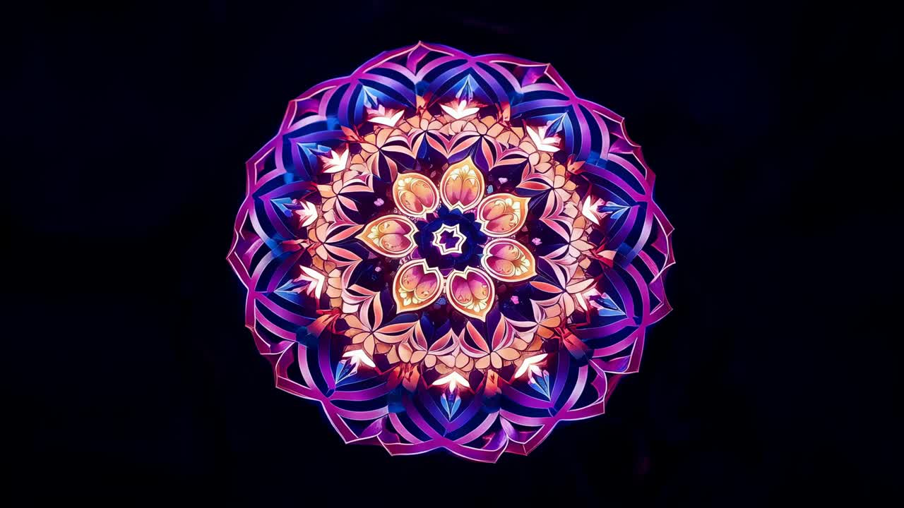 Mandala che cambia colore, ruota e si inclina verso lo spettatore nel vuoto nero, rivelando un motivo a stella incandescente