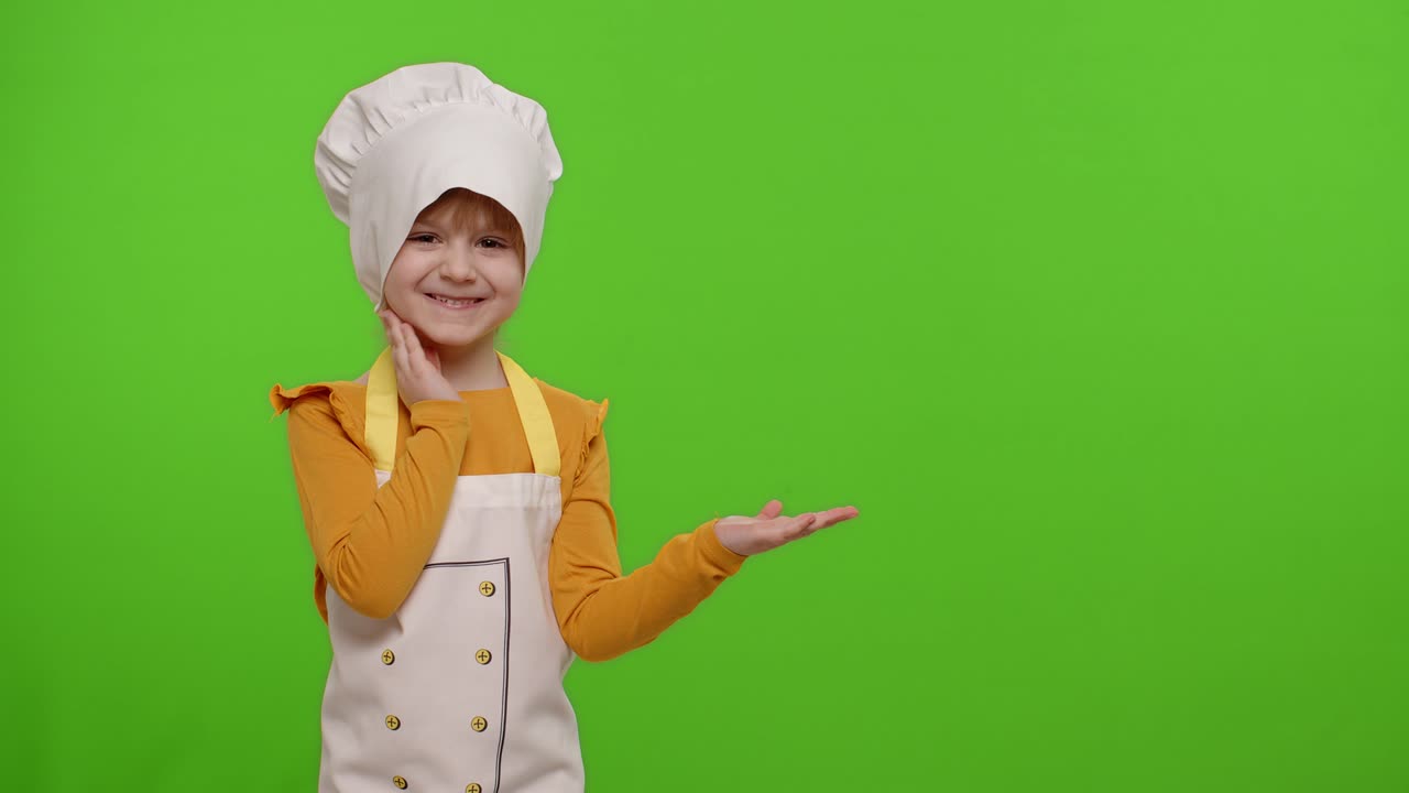 Bambina vestita da cuoca con grembiule che indica a destra su uno spazio vuoto su sfondo chroma key.