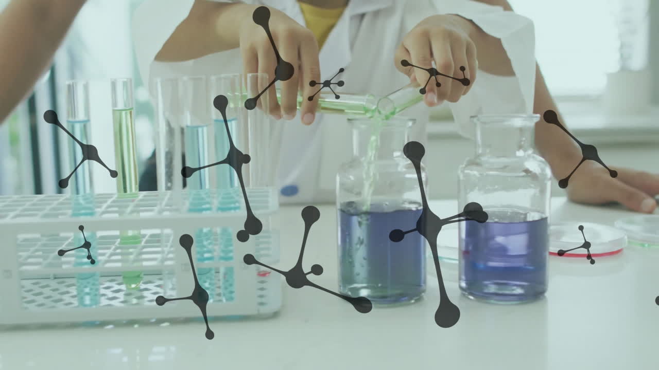 Animation of molecules over biracial boy working in lab