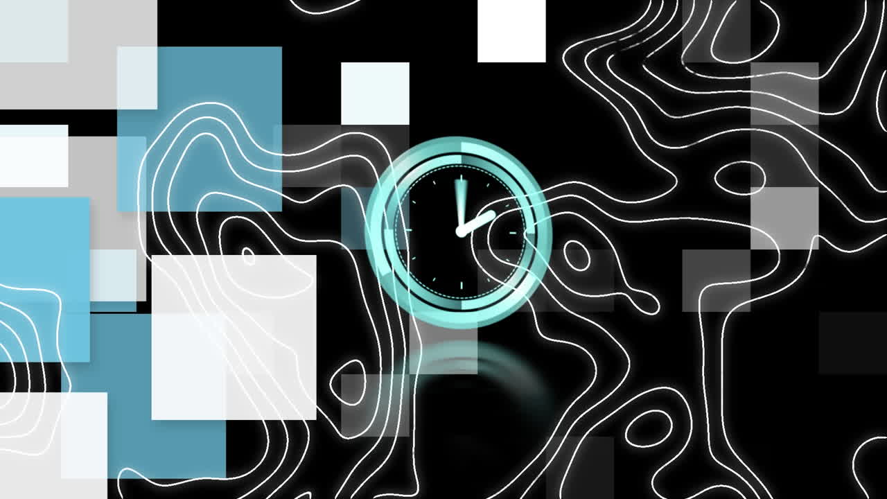 Animation of clock moving fast over statistics and financial data processing