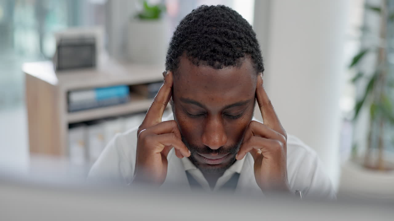 Medical, stress and computer with a doctor black