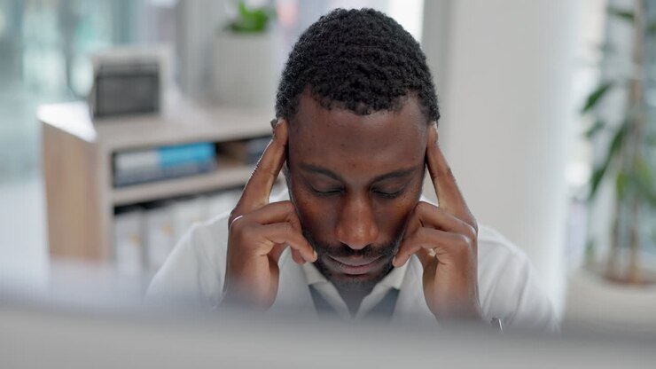 Medical, stress and computer with a doctor black