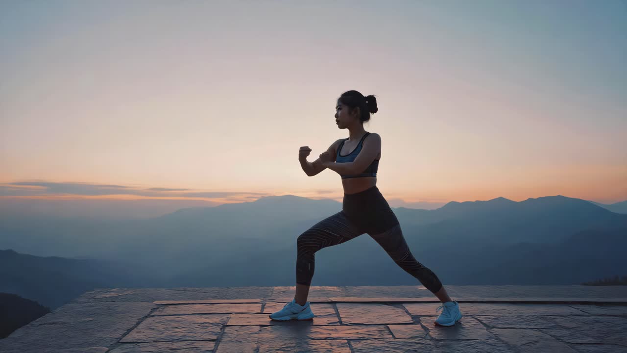 Woman exercising outdoors at sunset