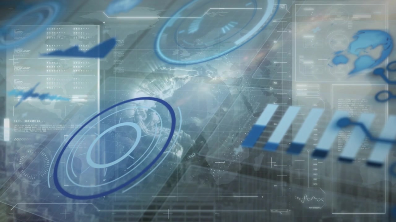 Ved opdateringsstart lysner en hologramklode, HUD-ringe roterer, og paneler opdateres til overvågning.