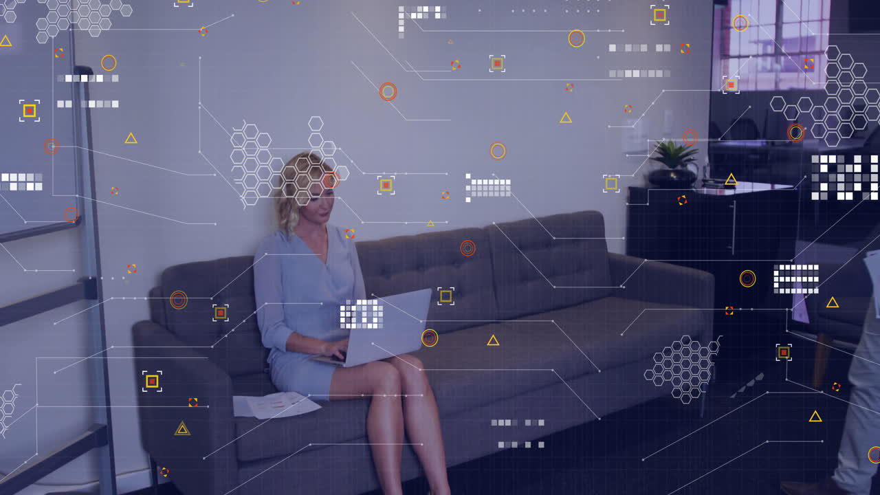 Animation of digital data processing over diverse business people in office