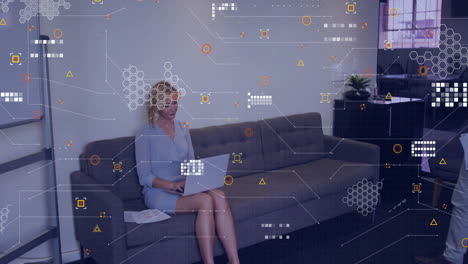 animation of digital data processing over diverse business people in office