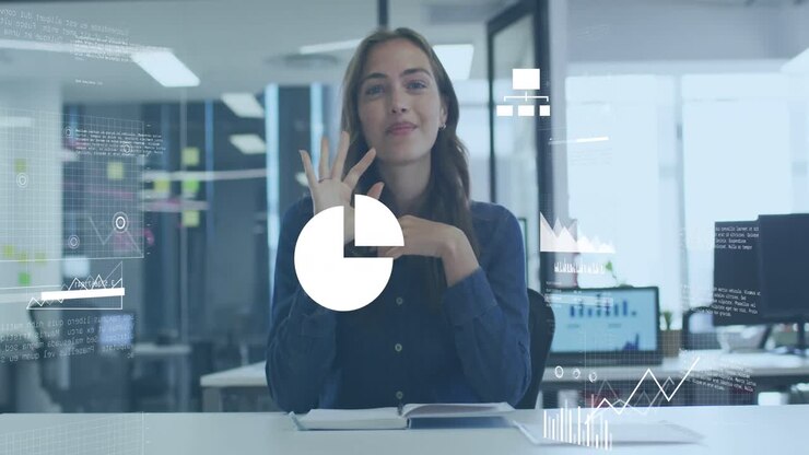 Animation of data processing over caucasian businesswoman in office