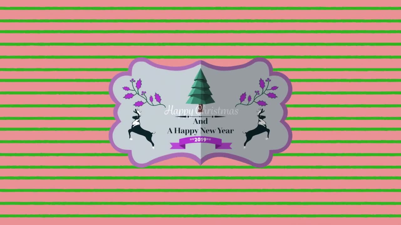 animación del texto de feliz navidad sobre rayas verdes sobre fondo rosa