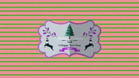 Animation-of-happy-christmas-text-over-green-stripes-on-pink-background