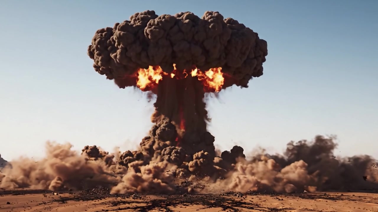 Dramatische Explosion: Die Intensität eines katastrophalen Ereignisses in der Wüstenlandschaft, das eine Eruption von Kraft und Wirkung zeigt.