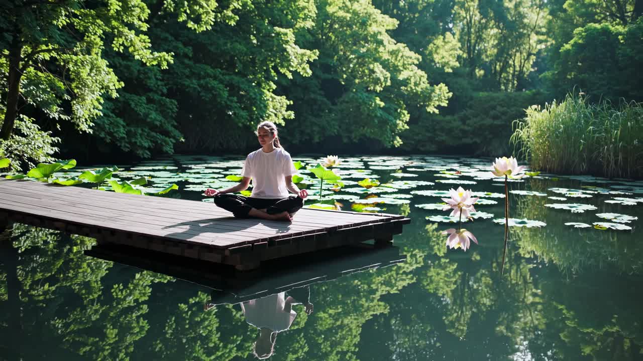 Una scena video serena di una persona che medita su un pontile di legno, circondata da ninfee.