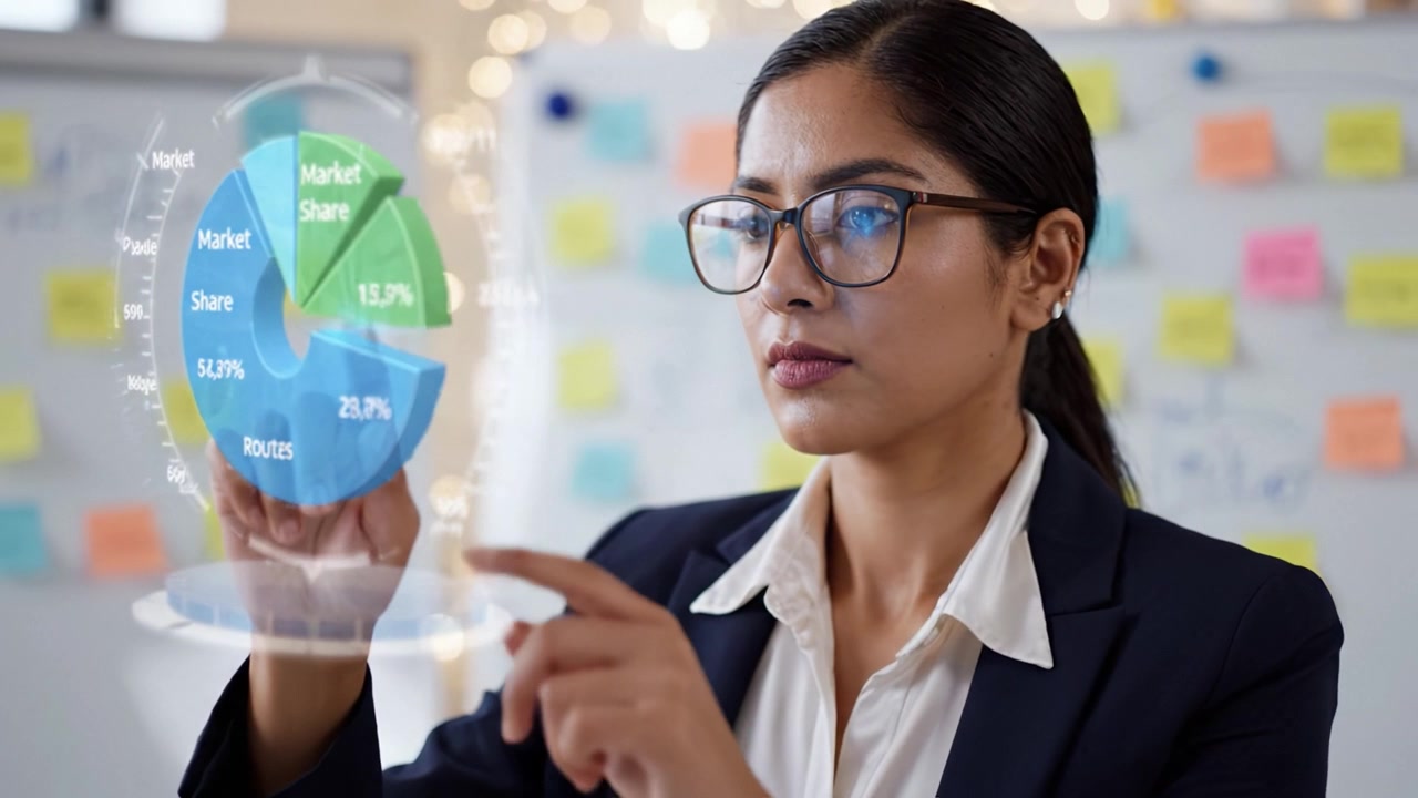 Empresaria profesional analizando tendencias de datos con gráficos y tablas interactivos en un entorno de oficina moderno para tomar decisiones y estrategias informadas