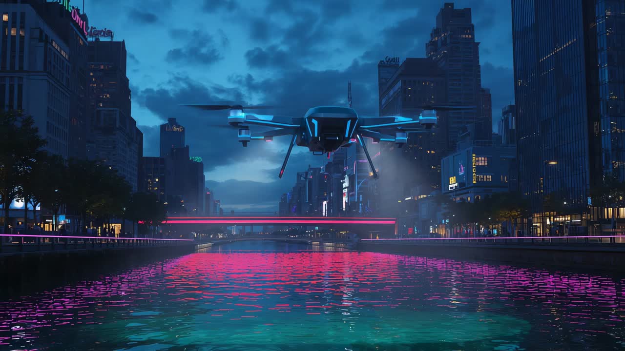 Initiating landing, eVTOL quadcopter lowering over canal at dusk, stirring mist near magenta bridge