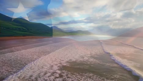 Animation-of-flag-of-chile-waving-over-sunny-beach-and-sea