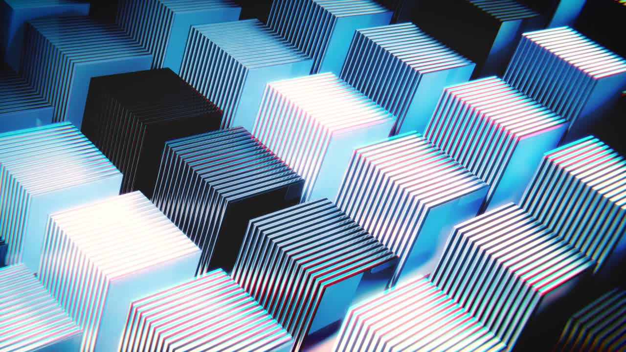 Abstract Glowing Cubes Moving in a Digital Pattern with Glitch Effect