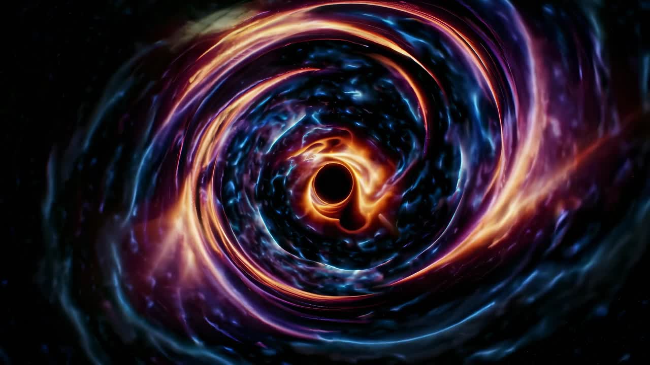 The video showcases a mesmerizing cosmic vortex with swirling lights and colors, creating a dynamic