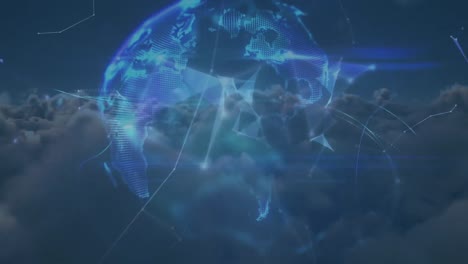 animation of network of connections with globe over clouds in background