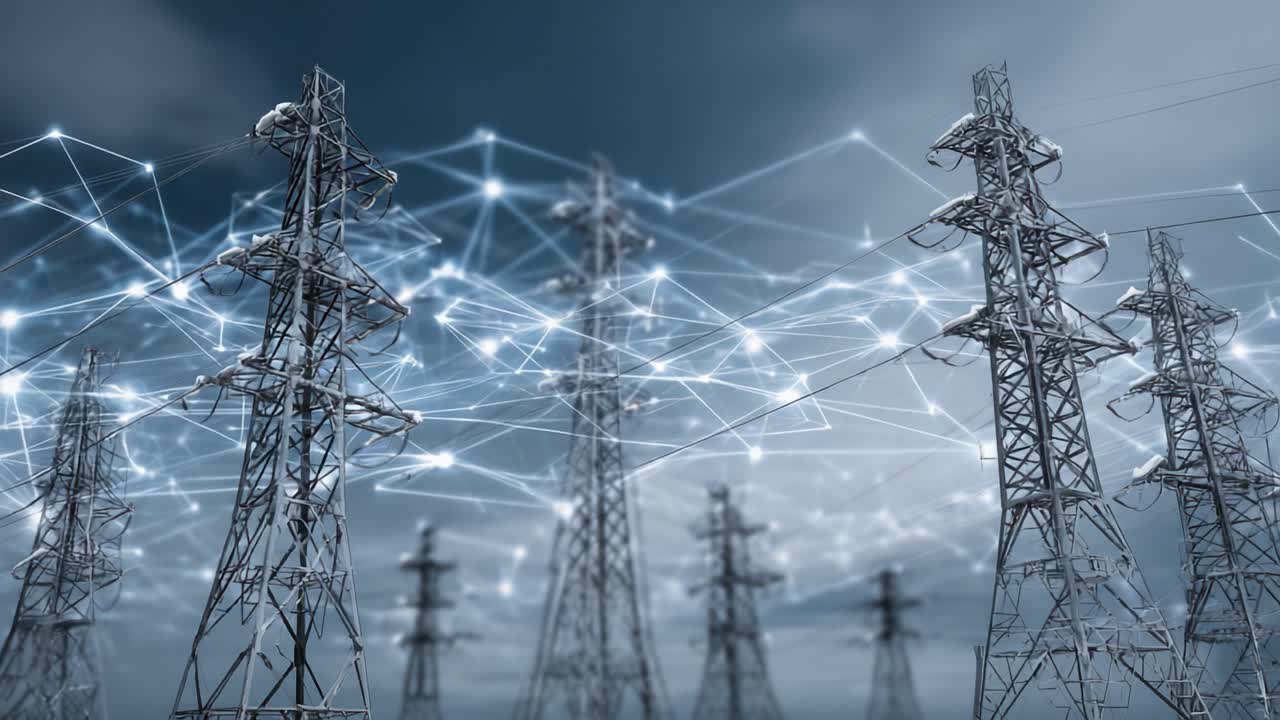 An Overview of Electric Power Transmission Towers Surrounded by an Intricate Network of Digital Connectivity, Symbolizing Modern Utilities' Role in Energy Distribution