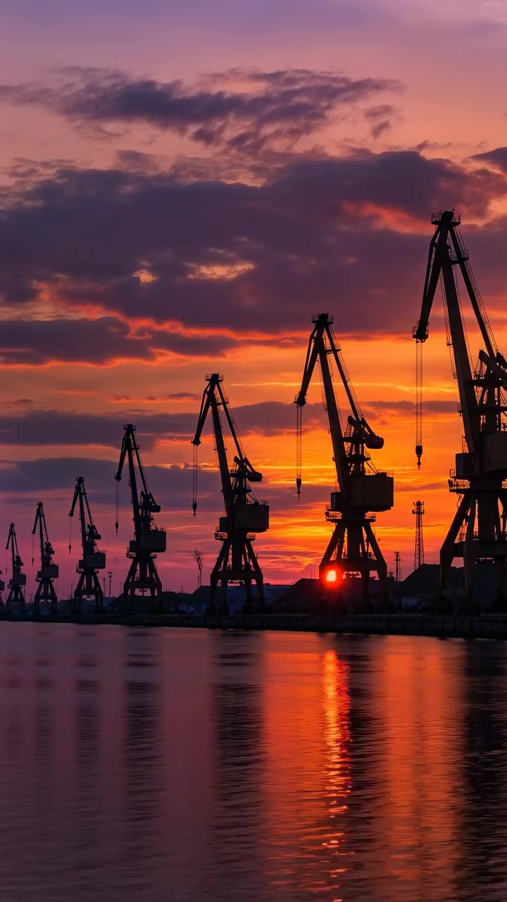 Industrial port cranes form a dark skyline beside calm water while low sun glows near horizon, casting orange reflections beneath layered red and purple evening clouds.