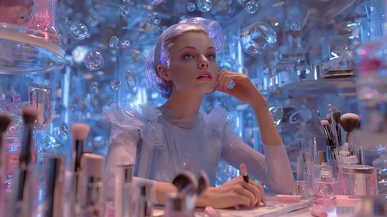 Model in a vibrant, futuristic scene with beauty products