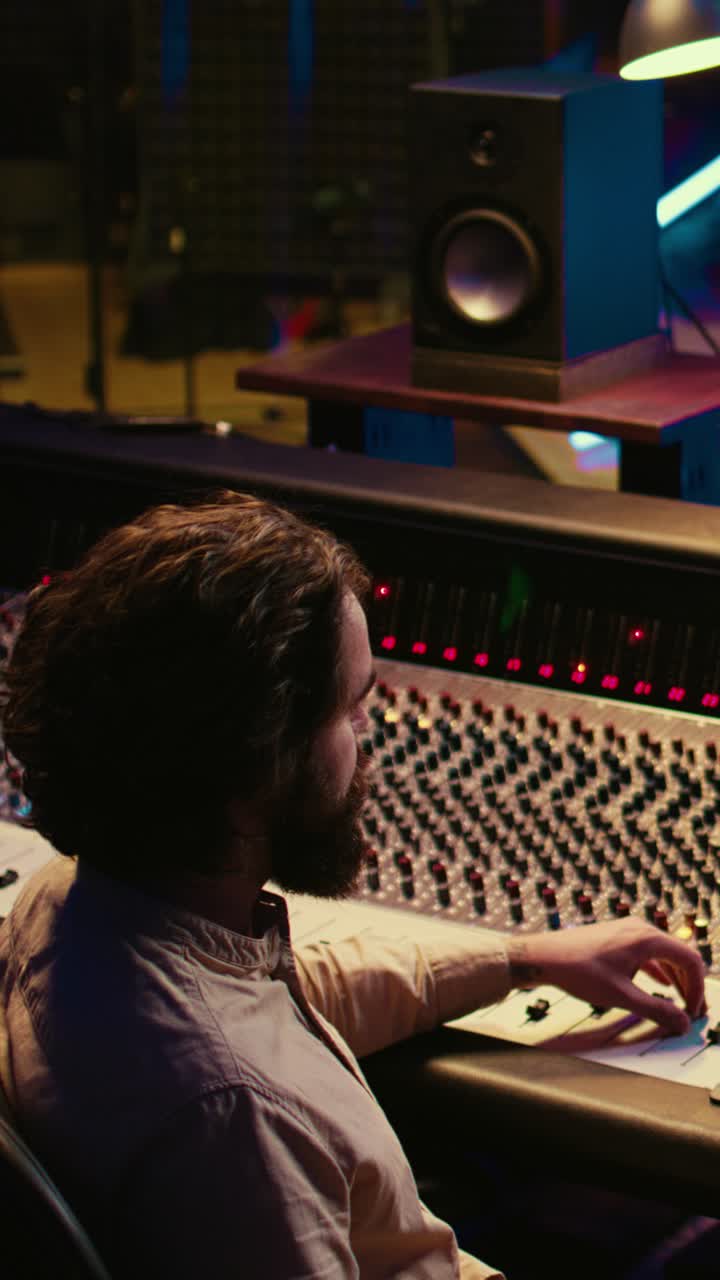 Man Adjusting Sound Mixing Console in a Professional Recording Studio