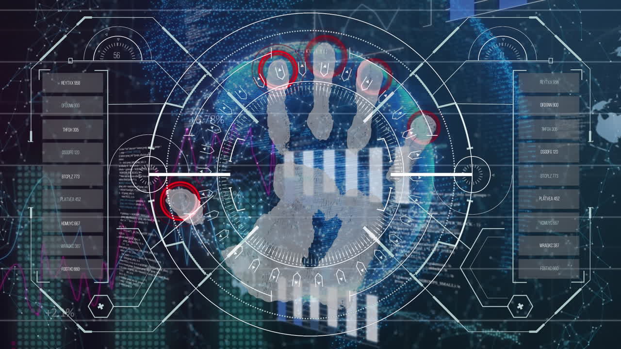 animación del sistema de seguridad biónico manual sobre la pantalla con diversos datos y un mapa del mundo