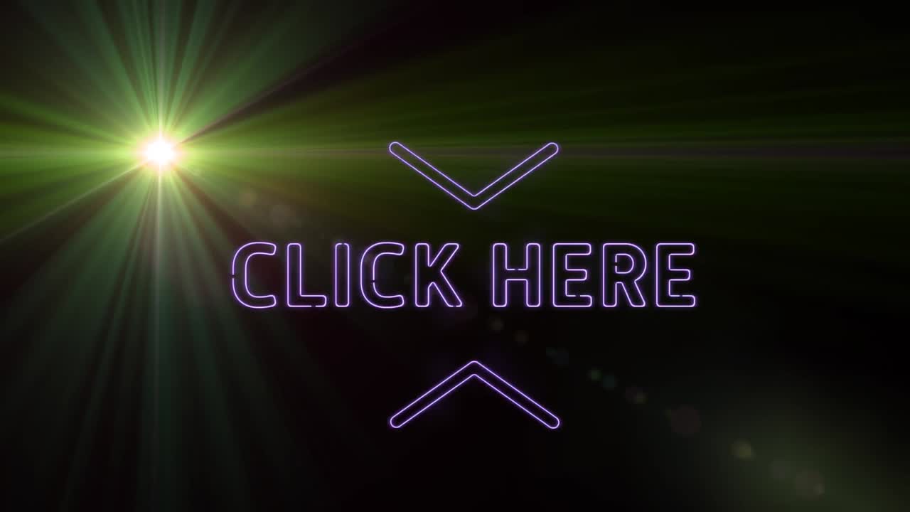 흑색 배경 위의 렌즈 플레어와 함께 텍스트와 화살표를 여기를 클릭하십시오