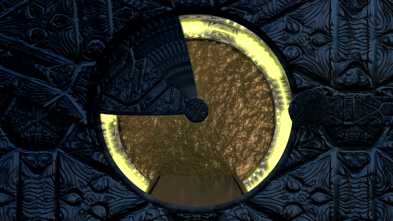 돌로 된 금속 치는 우주선 풍경 장면에 대한 파노라마 뷰를 열고, 포털과 함께 공상 과학 복도의 3d 추상적인 배경, 기술 제목과 배경에 대한 미래 기술 추상적인 vj.