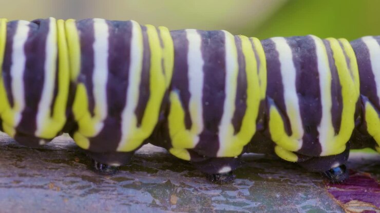 Close-up footage of a vibrant Monarch butterfly caterpillar with striking black, white, and yellow stripes crawling on a tree branch