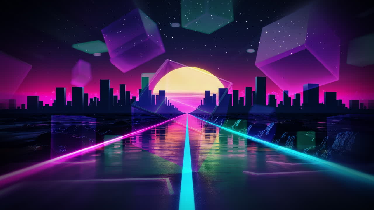 Paesaggio urbano synthwave retrò con scie al neon e cubi fluttuanti