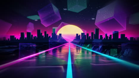 retro synthwave cityscape with neon trails and floating cubes