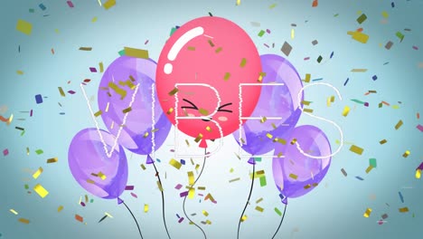 animación de la palabra vibra en blanco con globos flotantes y confeti cayendo en azul