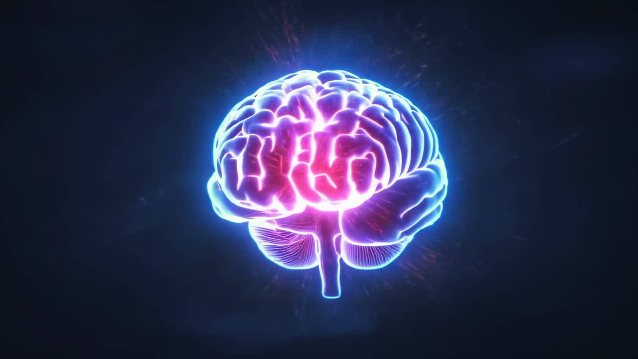 Timeline advancing neon brain rotating in cyberspace, revealing pulsing pink core, drifting sparks