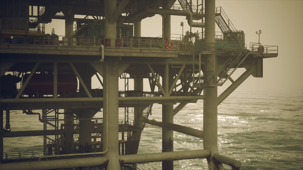 Oil rig operates over the ocean on a misty day with safety measures in place