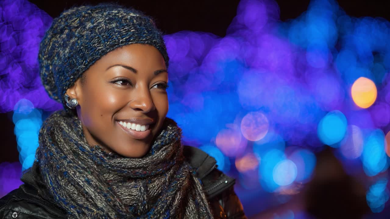 A woman with a radiant smile enjoys a nighttime setting filled with vibrant blue and purple lights, highlighting her joyful expression and warm winter attire
