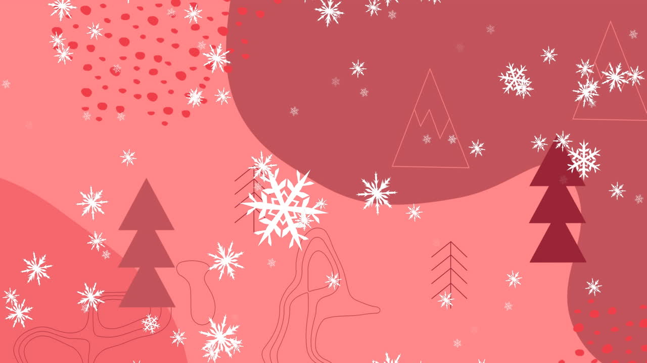 animación de árboles de navidad y copos de nieve cayendo sobre un fondo rojo con patrones