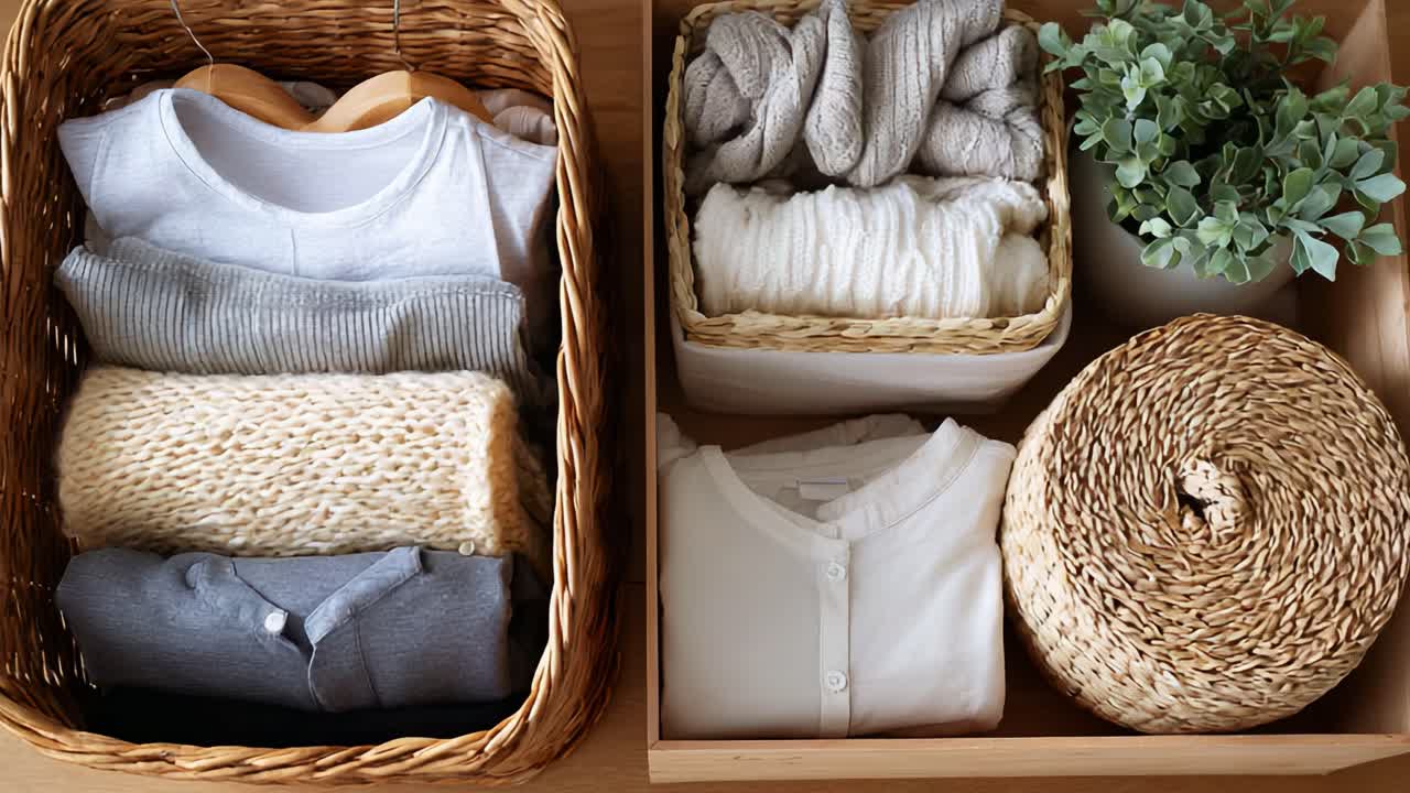 Organized and Stylish Storage Solutions for Clothing and Textiles in Baskets and Boxes Featuring Neatly Folded Garments and Decorative Plants