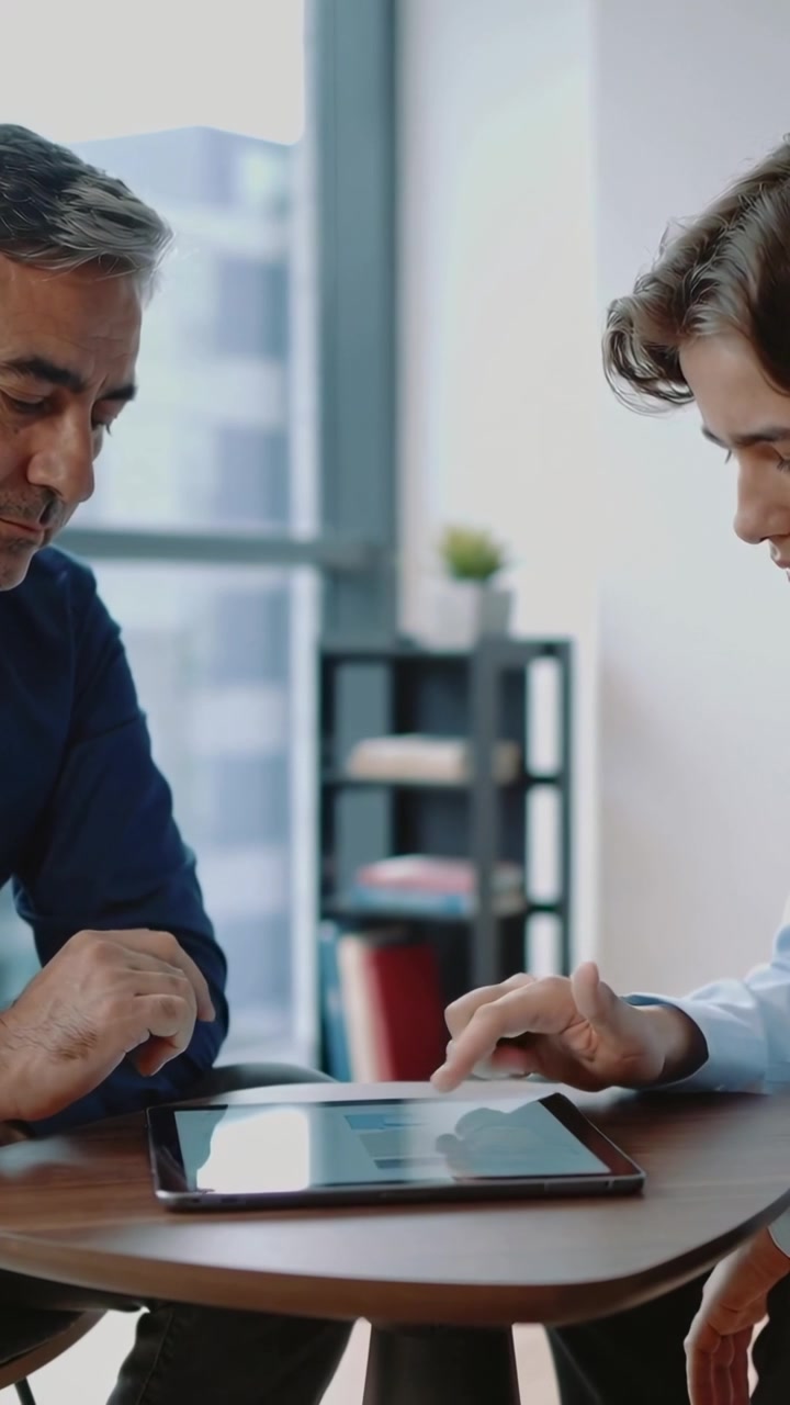 Video verticale: Uomo appoggiato con camicia blu scuro che tocca un tablet in ufficio, guidando un adolescente in blu che tocca (un altro tablet)