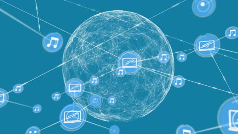 animación de la red de dispositivos conectados e íconos de medios sobre fondo azul