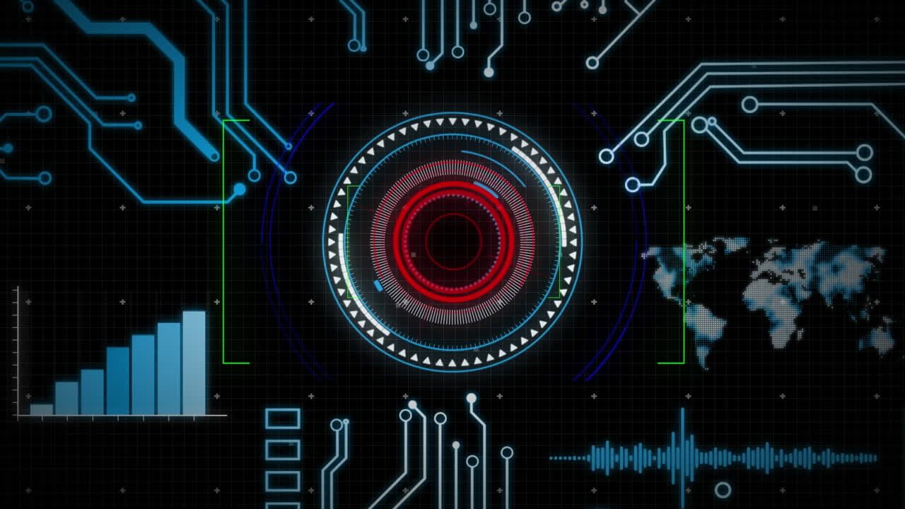Animation of circular scanner and processing data on interface over motherboard on black background