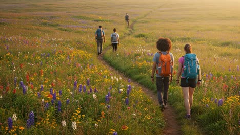 a group of adventurers walking through a vibrant wildflower field during sunrise, embracing nature's beauty while exploring the great outdoors and connecting with each other