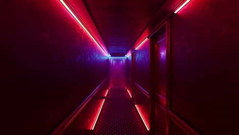 dark futuristic corridor with red and blue neon lights